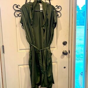 EUC Free People Duster/long vest. Stylish army green satiny finish.